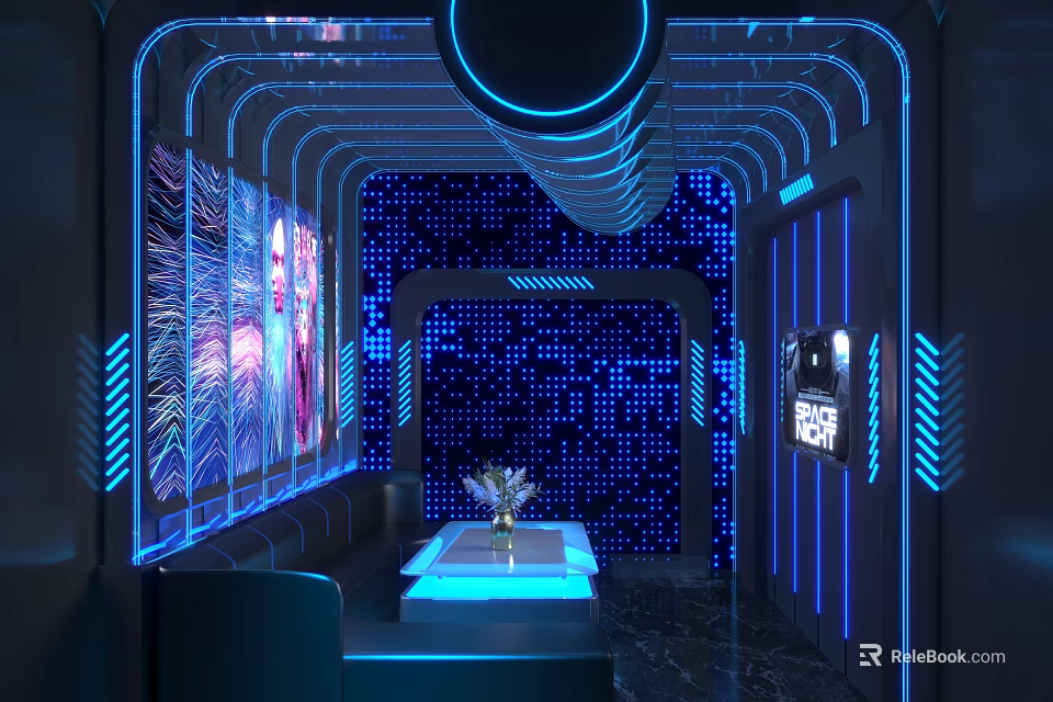 Modern KTV Room Interior With LED Lighting Singing Screens And Comfortable Sofas 3d model 
