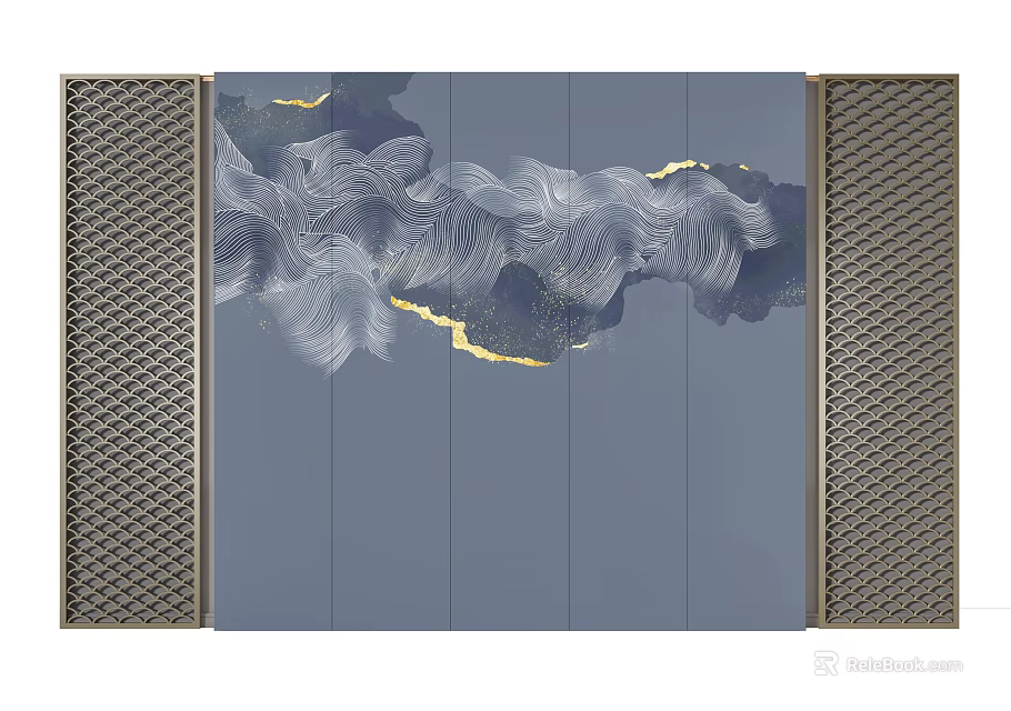Gray Bedroom Accent Wall With Cloud Pattern Gold Accents And Grid Panels 3d model