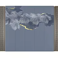Gray Bedroom Accent Wall With Cloud Pattern Gold Accents And Grid Panels 3d model