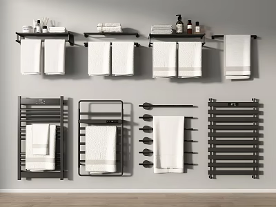 Essential Bathroom Small Items Including Towel Racks Shelves Towels And Toiletries 3d model