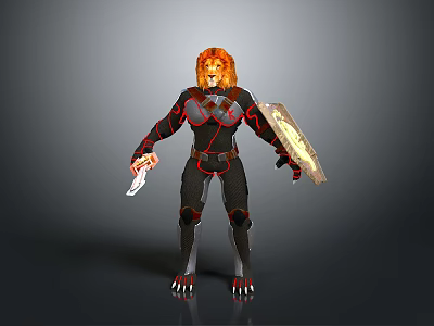 Lion Head Character In Black Armor With Red Lines Holding Sword And Shield 3d model