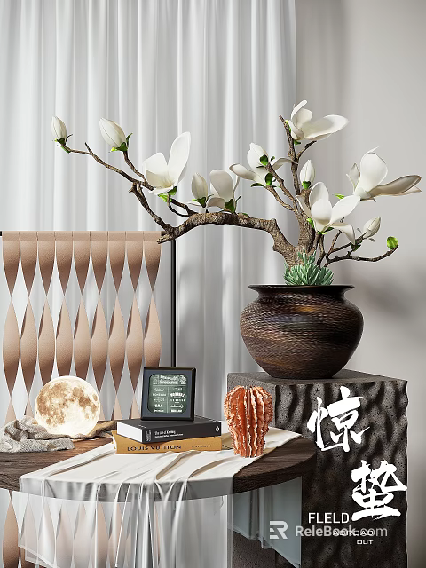 Modern Decorative Ornament Set with Magnolia Flowers Ceramic Pot Moon Decoration Photo Frame and Books 3d model 