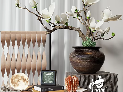 Modern Decorative Ornament Set with Magnolia Flowers Ceramic Pot Moon Decoration Photo Frame and Books 3d model