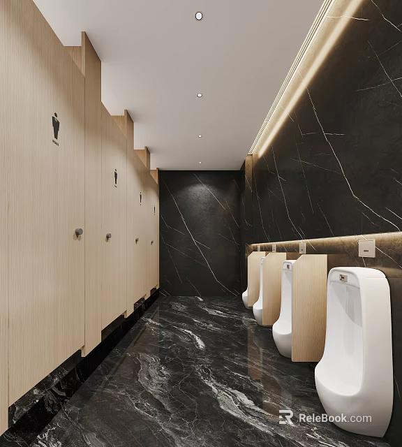 Modern Men's Bathroom Interior With Wooden Partitions Black Marble Walls White Urinals And Bright Lighting 3d model 