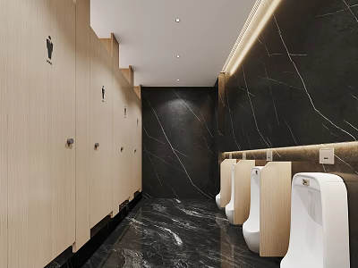 Modern Men's Bathroom Interior With Wooden Partitions Black Marble Walls White Urinals And Bright Lighting 3d model