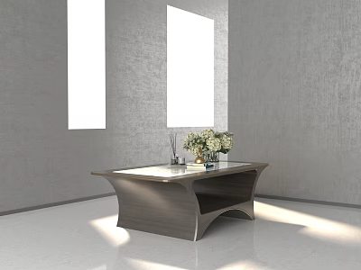 Modern Wooden Coffee Table With Sleek Surface Vase And Flowers Against Gray Walls White Windows 3d model
