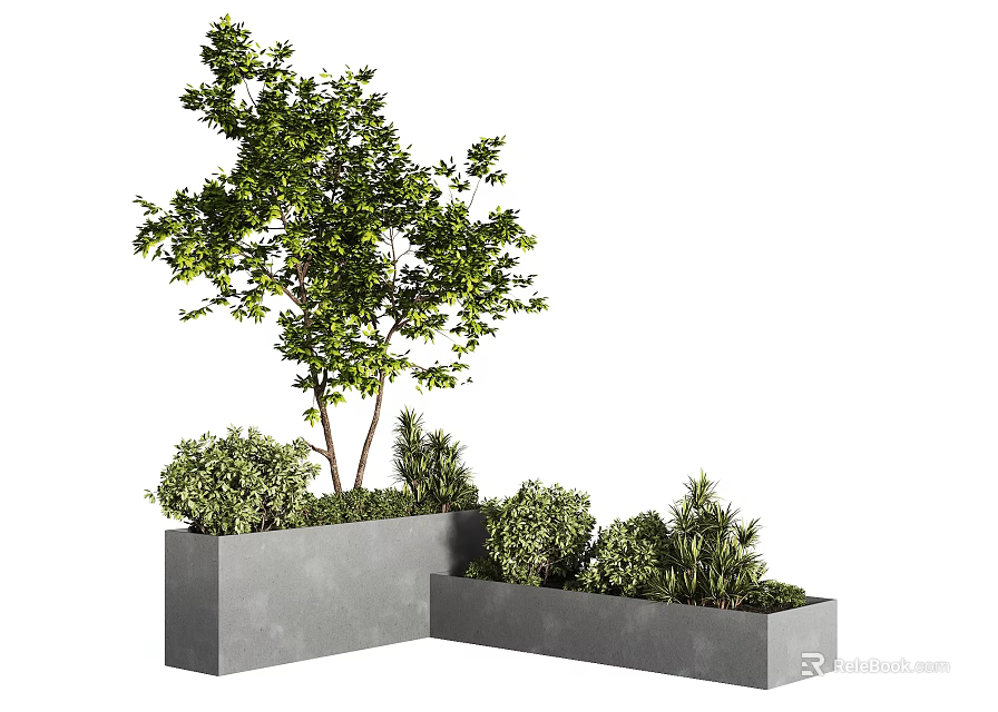 Modern Concrete Tree Planter With Green Tree And Lush Shrubs 3d model 