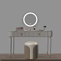 Modern Dressing Table with Striped Panel Round Mirror Gold Handles and Cosmetics 3d model