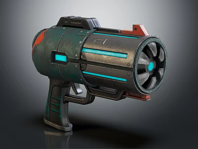 Futuristic Sci Fi Weapon With Green Red Body Blue Light Strips And Circular Barrel 3d model