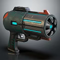 Futuristic Sci Fi Weapon With Green Red Body Blue Light Strips And Circular Barrel