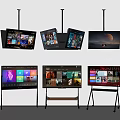 Modern TVs Hanging From Ceiling And On Stands Displaying Streaming Apps And 3d model
