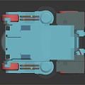 Cartoon Style Blue Cleaning Vehicle With Red Wheels And Yellow Warning Stripes