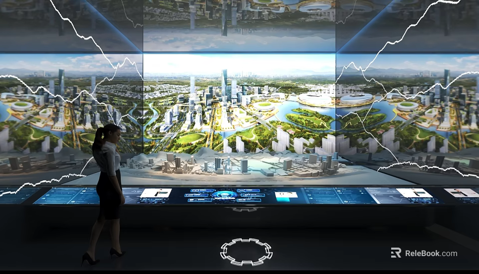 High Tech Urban Planning Exhibition With Large Screen Visualization Model And Woman Viewer 3d model 