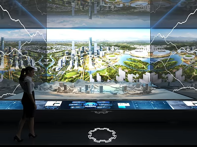 High Tech Urban Planning Exhibition With Large Screen Visualization Model And Woman Viewer 3d model