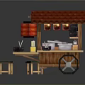 Traditional Street Food Stall With Red Roof Wooden Structure Food Items Small Stool And Table