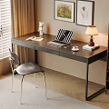 Modern Desk With Wooden Top Metal Frame Chair Table Lamp Books And Decorative Items