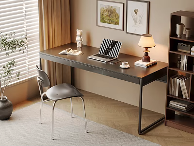 Quiet Ancient Style Desk and Chair Computer Desk and Chair Writing Desk Study Table Solid Wood Single Chair Computer Ornaments Combination Bookcase Potted Table Lamp Shutters