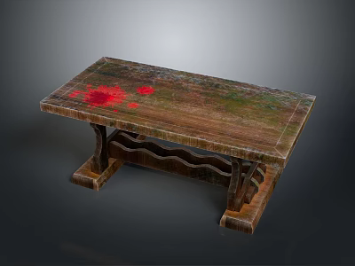Wooden Table With Blood Red Spots On Natural Wooden Surface And Wavy Pattern Legs 3d model
