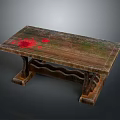 Wooden Table With Blood Red Spots On Natural Wooden Surface And Wavy Pattern Legs