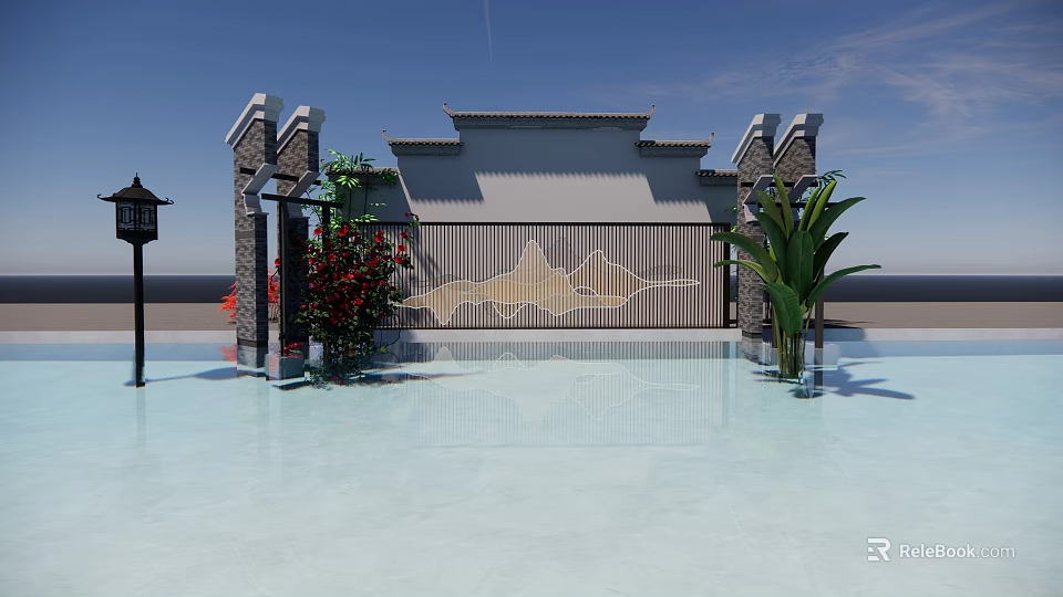 Elegant Building Exterior Wall With Patterned Grille Stone Pillars Red Roses Palm Plants And Reflective Pool 3d model 
