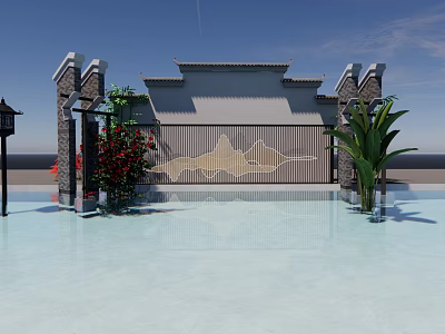 Elegant Building Exterior Wall With Patterned Grille Stone Pillars Red Roses Palm Plants And Reflective Pool 3d model