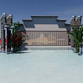 Elegant Building Exterior Wall With Patterned Grille Stone Pillars Red Roses Palm Plants And Reflective Pool