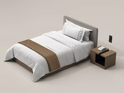 Single Bed With White Sheets Brown Decorative Strip Gray Headboard And Wooden Nightstand 3d model