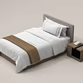 Single Bed With White Sheets Brown Decorative Strip Gray Headboard And Wooden Nightstand