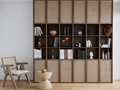 Modern Wooden Bookcase With Woven Panel Doors Books Decorative Vases And Sculptures In Bright Interior 3d model
