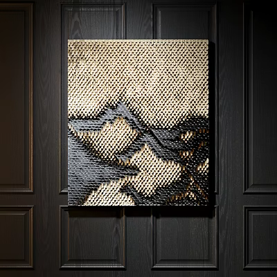 Abstract Painting With Gold And Black Intricate Grid Texture Hanging On Dark Wooden Wall 3d model