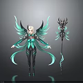 Mythical Character With Turquoise Wings White Hair Red Eyes Ornate Outfit And Black Decorated Staff