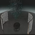 Modern Crystal Bead Chandelier With Arched Screens And Black Round Table On Stone Floor
