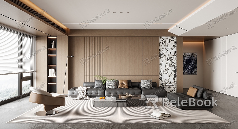 Modern living room sofa coffee table combination background wall ornaments model