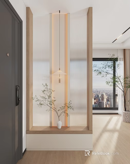 Modern Interior Room Divider With Wooden Frame Ribbed Glass Plants And City View 3d model 