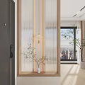 Modern Interior Room Divider With Wooden Frame Ribbed Glass Plants And City View