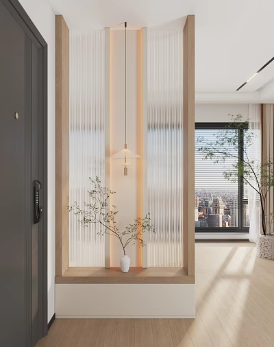 Modern Interior Room Divider With Wooden Frame Ribbed Glass Plants And City View 3d model