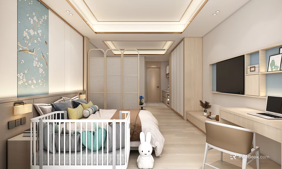 Modern Cozy Children Bedroom With Baby Crib Rabbit Plush Bed TV And Decorative Painting 3d model 