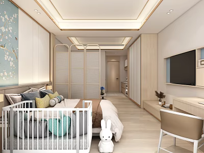 Modern Cozy Children Bedroom With Baby Crib Rabbit Plush Bed TV And Decorative Painting 3d model