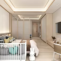 Modern Cozy Children Bedroom With Baby Crib Rabbit Plush Bed TV And Decorative Painting