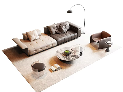 Elegant Modern L Shaped Sofa with Pillows and Round Coffee Table Set on Beige Rug 3d model