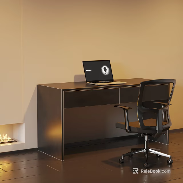 Modern Dark Wooden Desk With Laptop And Ergonomic Chair In Bright Room 3d model 