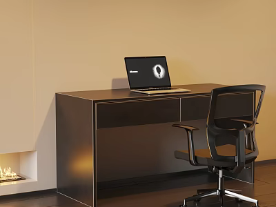 Modern Dark Wooden Desk With Laptop And Ergonomic Chair In Bright Room 3d model