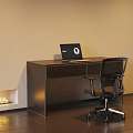 Modern Dark Wooden Desk With Laptop And Ergonomic Chair In Bright Room