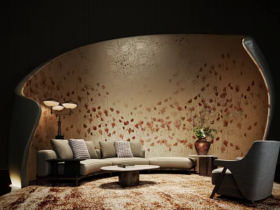Modern Hotel Public Lounge With Curved Patterned Wall Beige Sofa And Grey Armchair 3d model