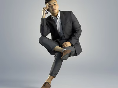 Stylish Man In Black Suit And White Shirt Sitting With Crossed Legs On Gray Background 3d model