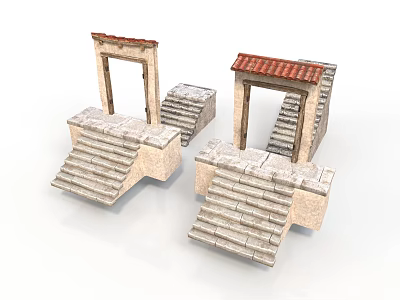Stone Architectural Structures With Archways Stone Steps And Red Tiled Roofs 3d model