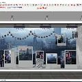 Modern Storefront Window Display With Urban City Background Multiple Hanging Photos And Displayed Frames