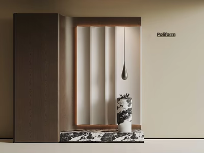 Modern Minimalist Entryway Hallway With Wooden Panel Marble Countertop And Hanging Pendant Light 3d model