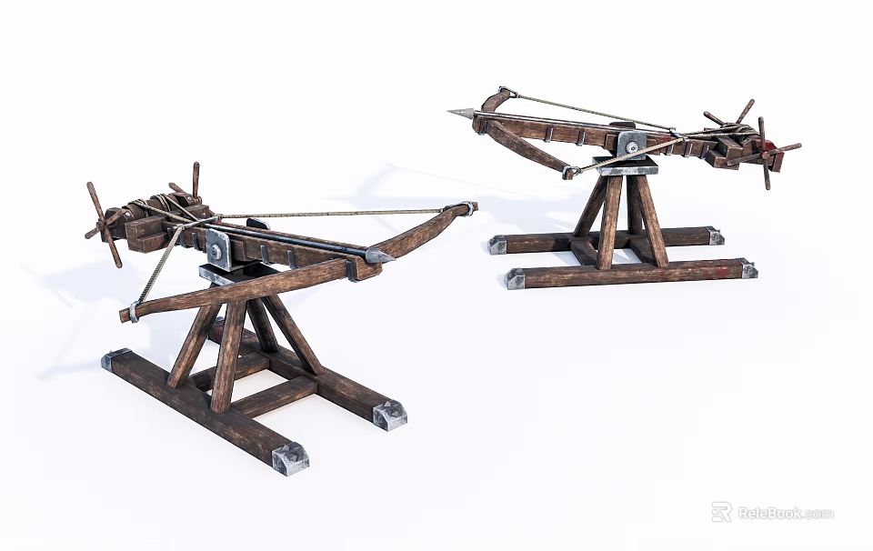 Ancient Siege Weapons Wooden Catapults With Metal Components And Sturdy Stands 3d model 