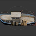Rusty Blue Boat Near Workbench And Barrels On Checkered Mat